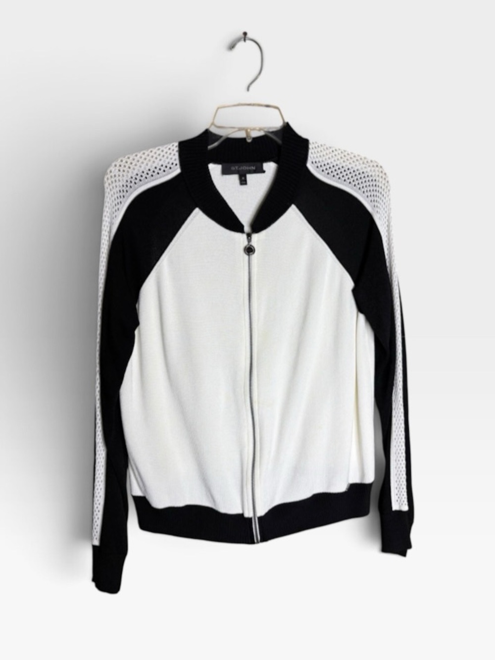 St. John M Black Ivory Colorblock Full Zip Mesh Knit Cardigan Sweater